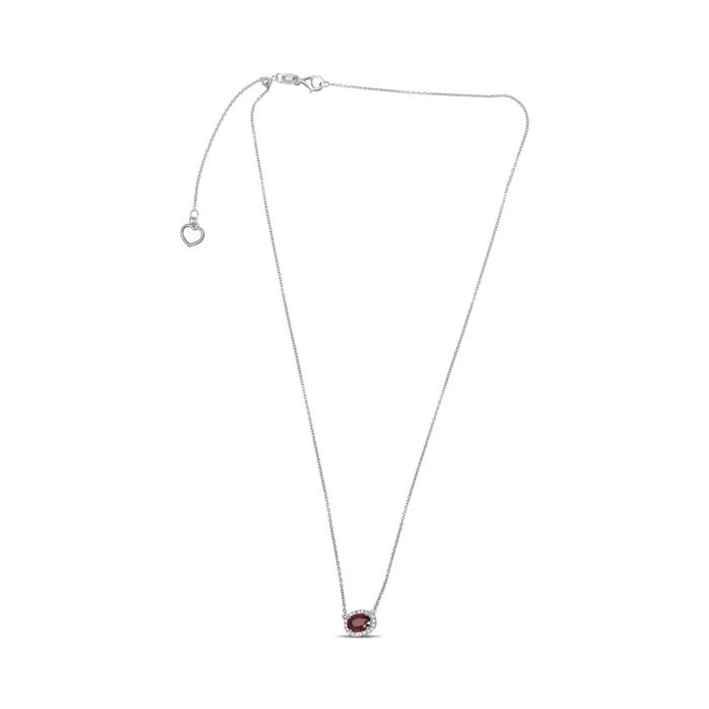 18K White Gold Ruby and Diamond Halo Necklace, 16-18"