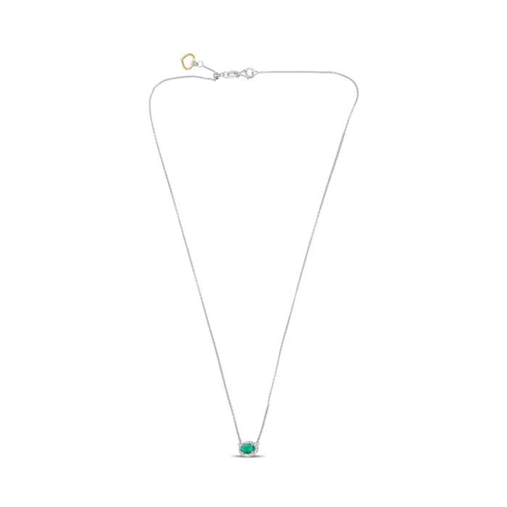 18K White Gold  Oval Cut Emerald and Diamond Halo Necklace, 16-18"