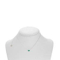 18K White Gold  Oval Cut Emerald and Diamond Halo Necklace, 16-18"