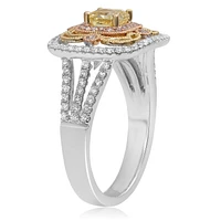18K 2 Tone Gold Radiant Cut Natural Fancy Yellow, Pink and White Diamond Antique Cluster Halo Ring