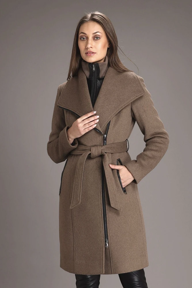 AERYN Genuine Luxe Lamb Leather Trimmed Wool Coat