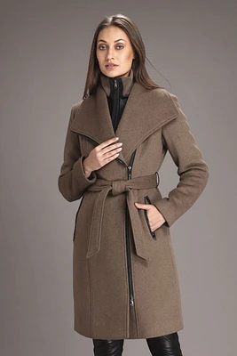 AERYN Genuine Luxe Lamb Leather Trimmed Wool Coat