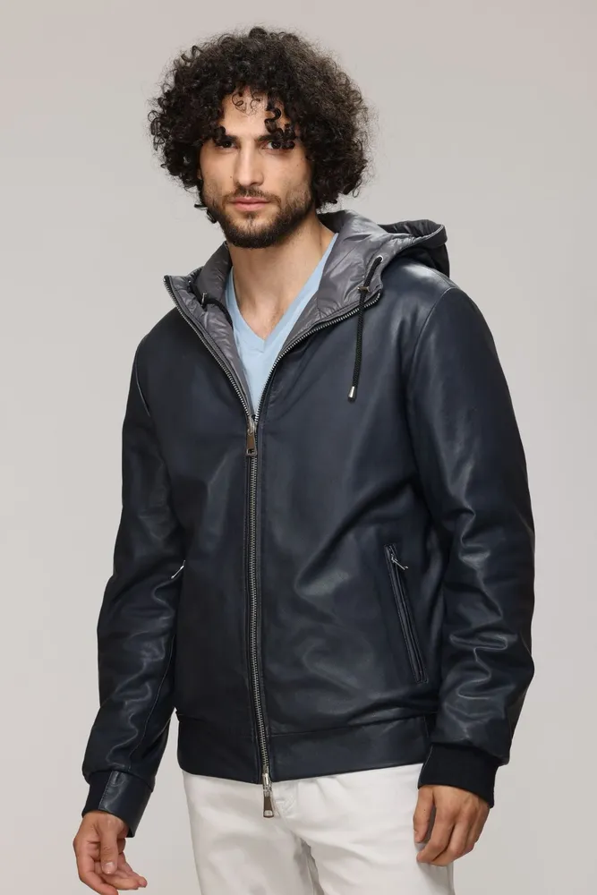 RYLEY Genuine Leather Hooded Bomber Jacket