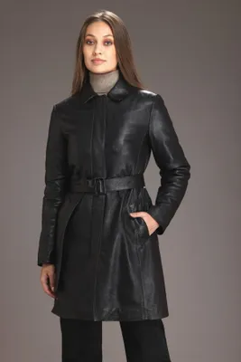 AGNESE Genuine Leather Trench Coat Detachable Winter Liner