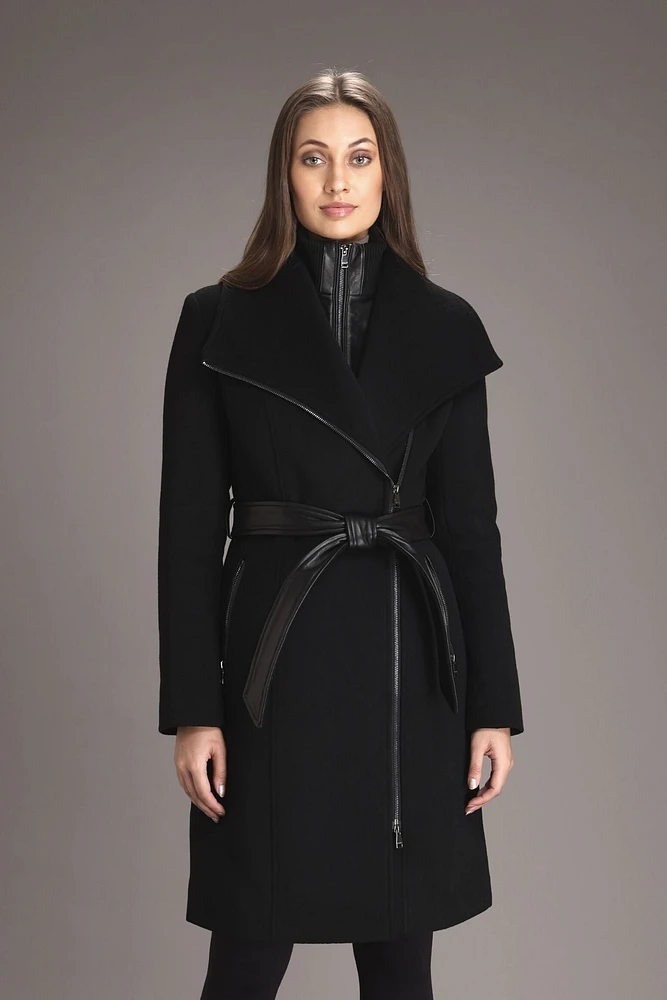 AERYN Genuine Leather Trimmed Wool Coat