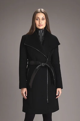 AERYN Genuine Leather Trimmed Wool Coat