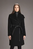 AERYN Genuine Leather Trimmed Wool Coat