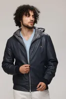 RYLEY Genuine Leather Hooded Bomber Jacket