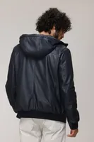 RYLEY Genuine Leather Hooded Bomber Jacket