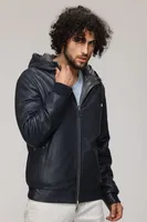 RYLEY Genuine Leather Hooded Bomber Jacket