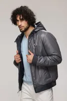 RYLEY Genuine Leather Hooded Bomber Jacket