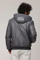 RYLEY Genuine Leather Hooded Bomber Jacket