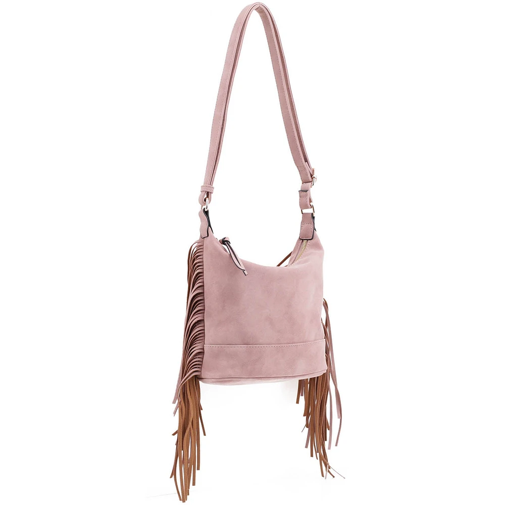 Dusty Rose Faux Suede Fringe Crossbody