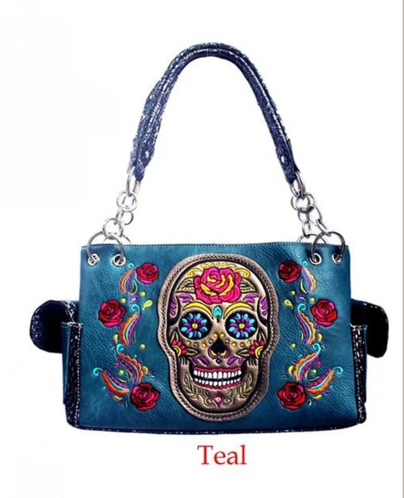 Teal Sugar Skull Wallet: Unique Skull Bling Purse