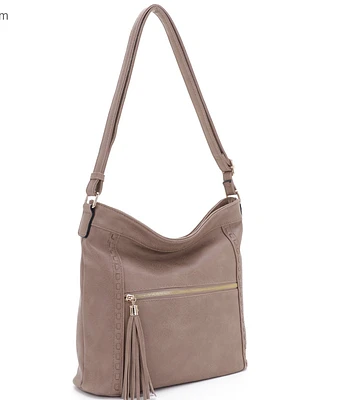 Taupe whipstitch tassel zip large crossbody