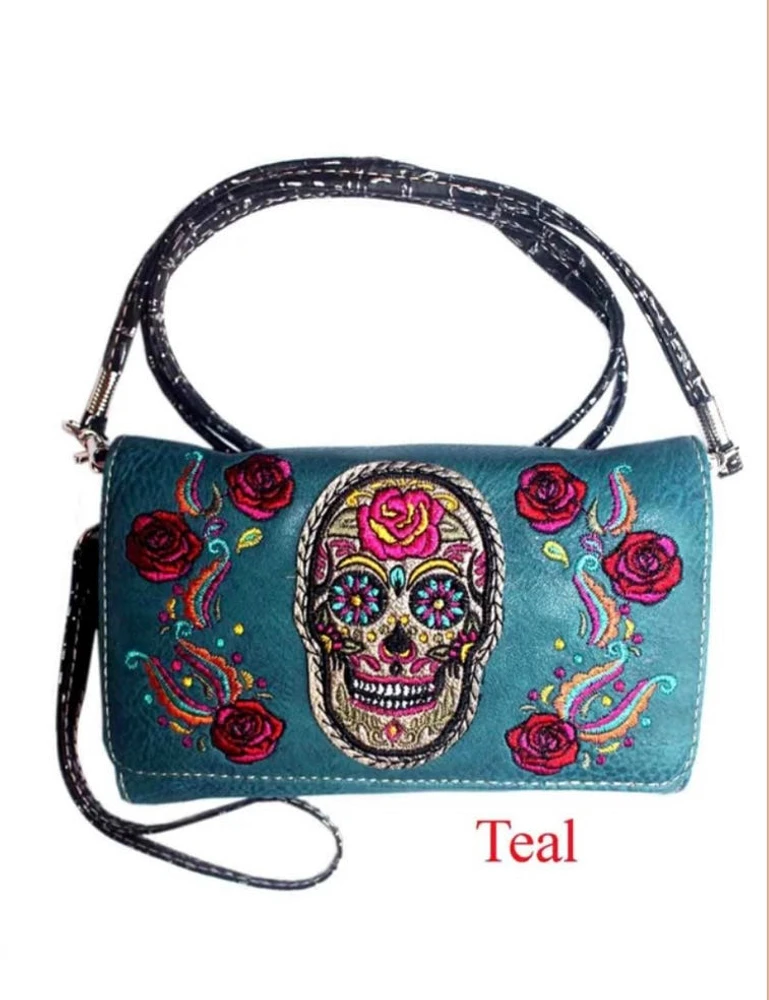 Teal Sugar Skull Bling Wallet