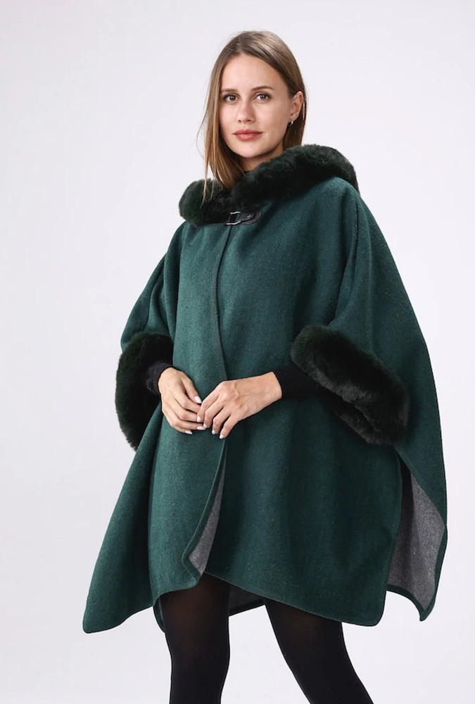 Dark Green hooded faux fur cape with armholes