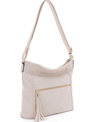 Beige whipstitch tassel zip large crossbody