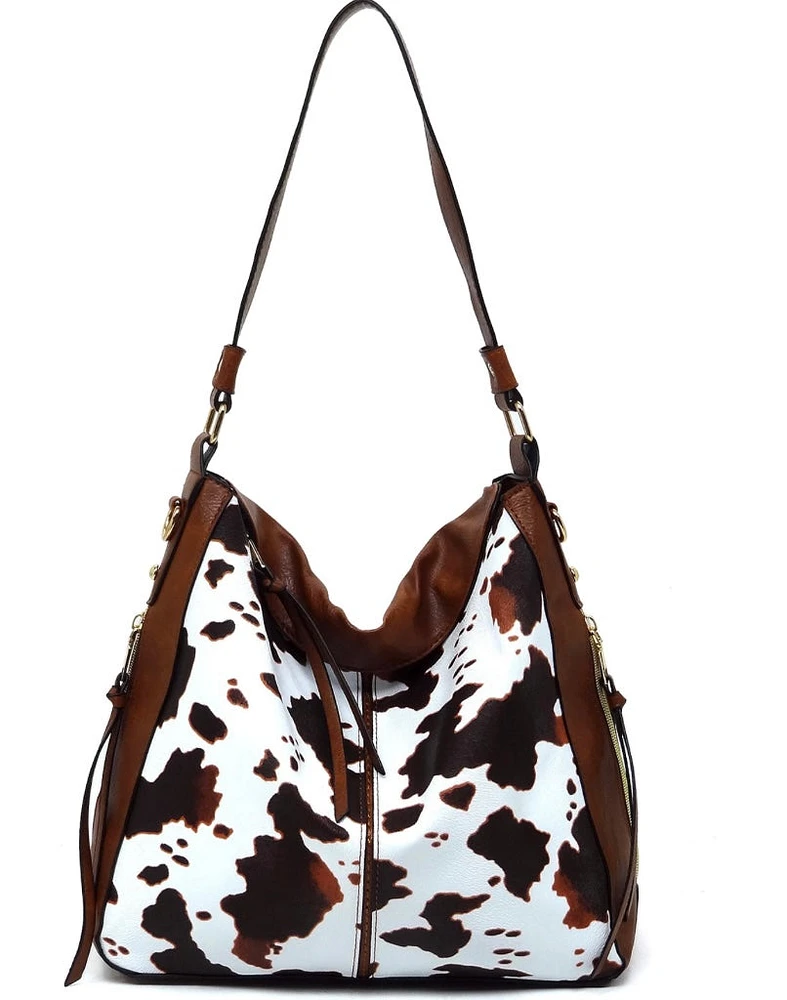 Cow print side zipper hobo bag