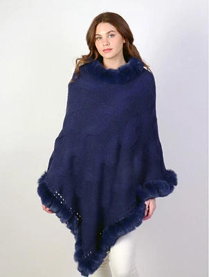 Faux Fur Trim Navy Poncho - Unique Fashion, Shop Local