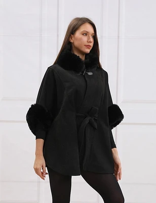 Fashionable Black Belted Cape with Faux Fur