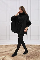 Fashionable Black Belted Cape with Faux Fur