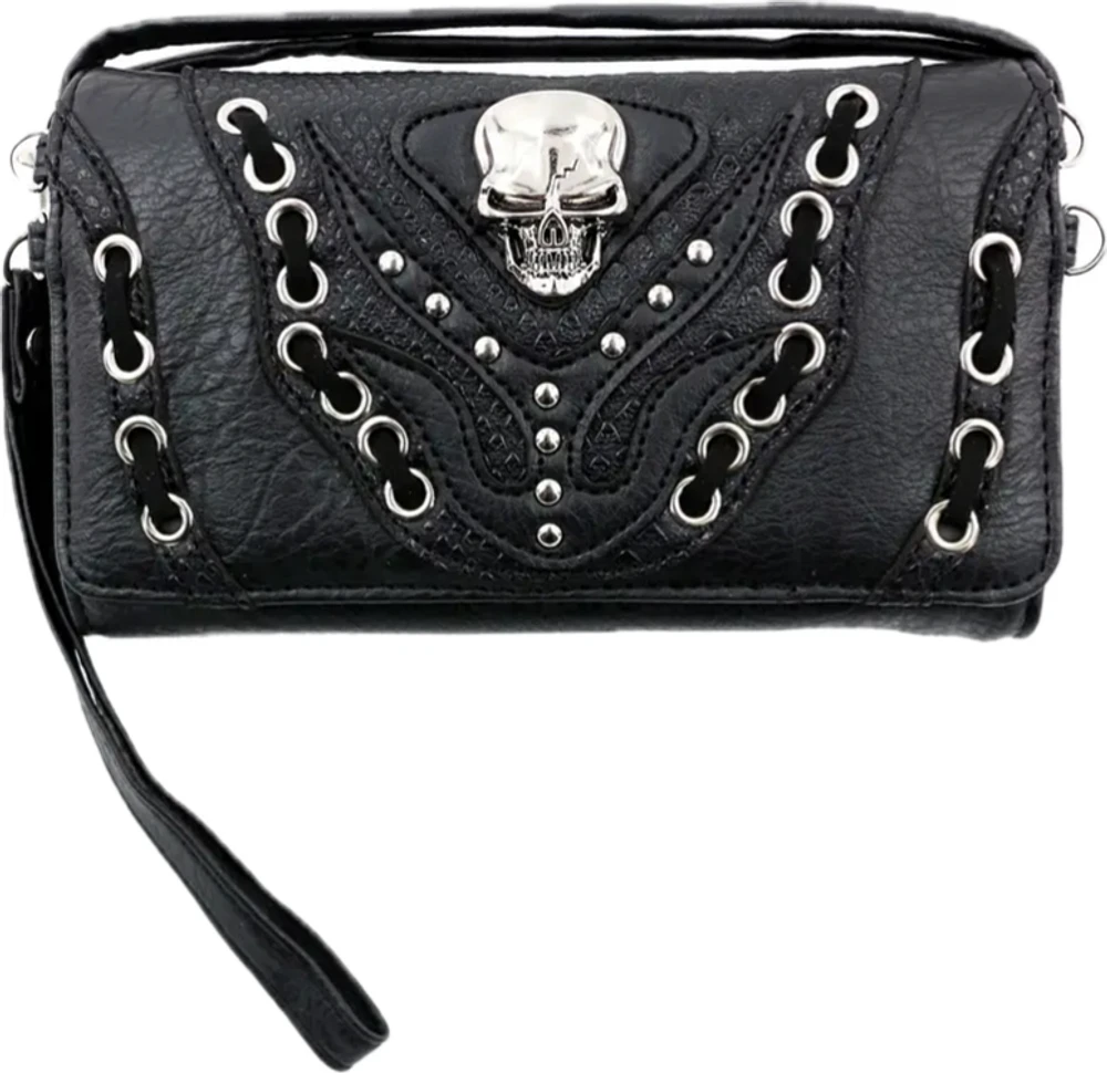 Skull stitched wallet with crossbody strap