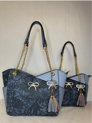 Blue Floral Tote with Gold Bow - Unique Slingback Crossbody