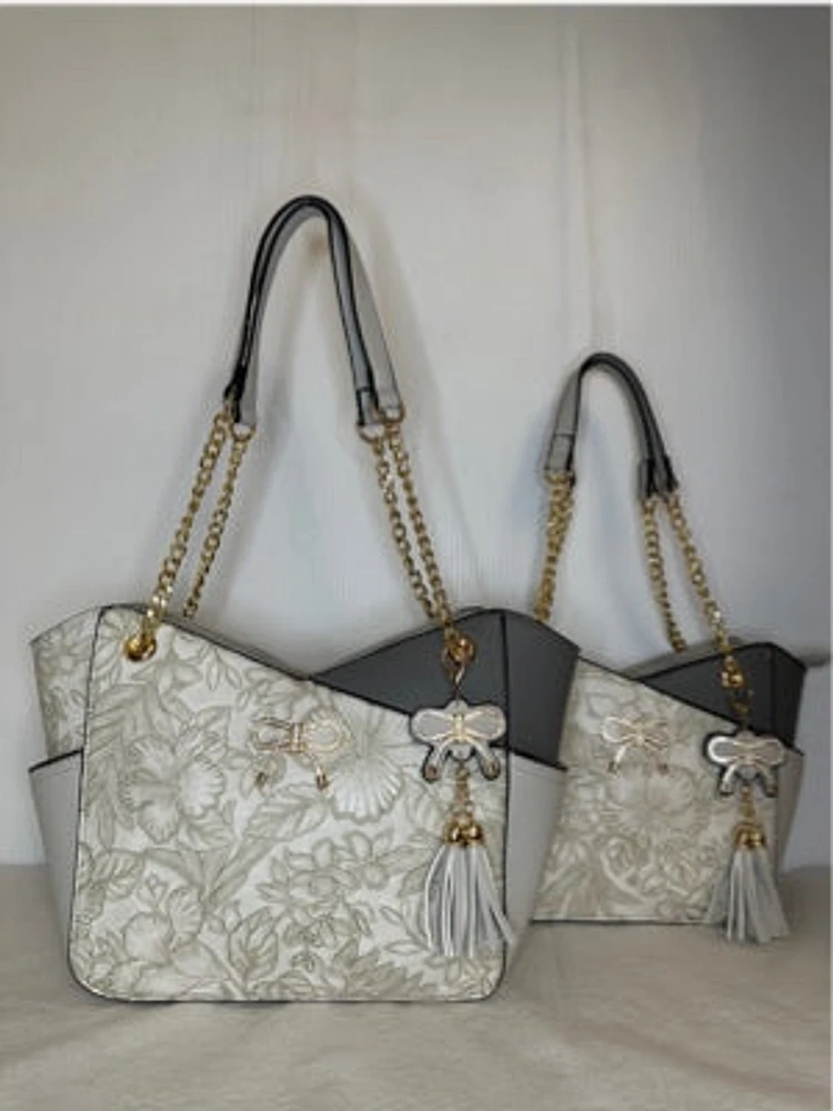 Light grey smaller floral tote with gold bow