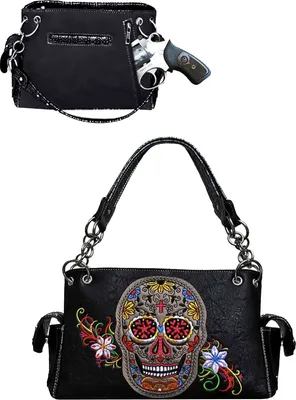 Sugar skull with rose eyes and flowers purse