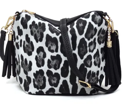 Snow leopard purse with tassel side carry pockets