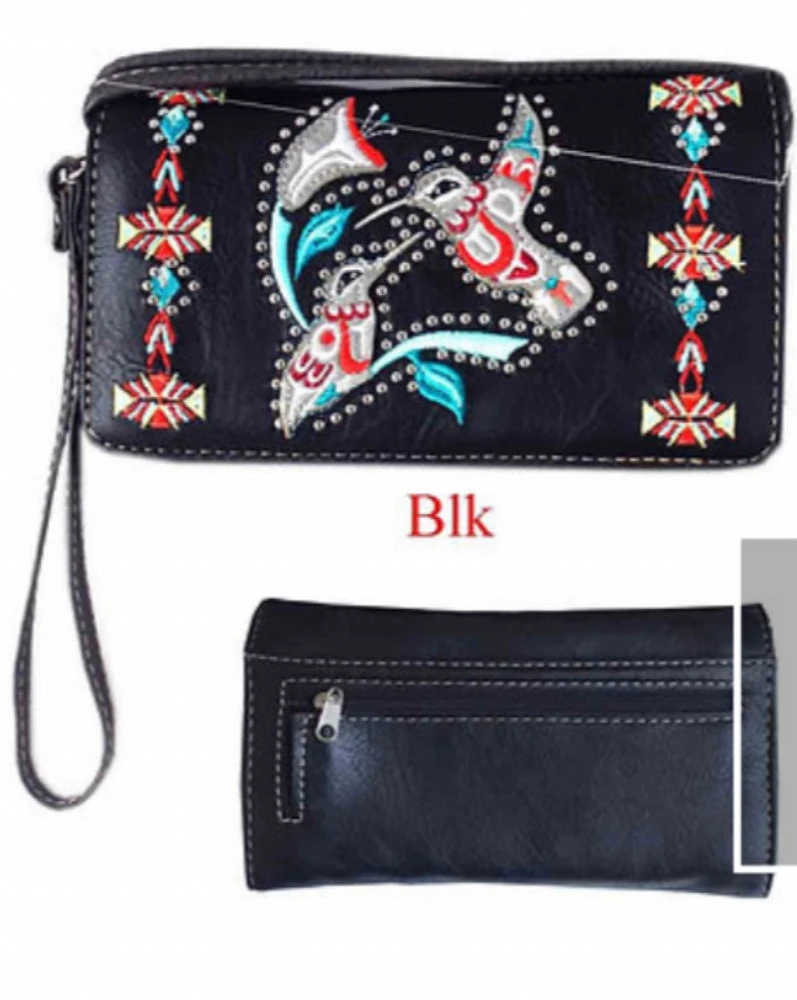 Black hummingbird wallet with crossbody strap