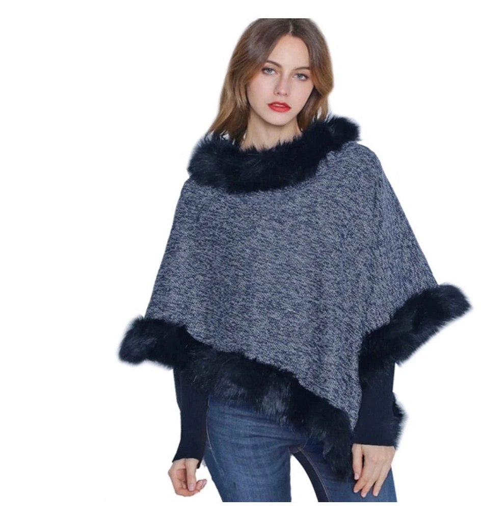 Local Fashion: Navy & White Poncho with Faux Fur Trim