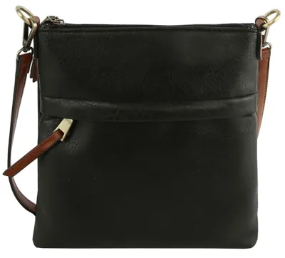 crossbody with brown strap and zipper pulls