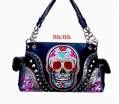 Sugar skull with rose eyes black purse