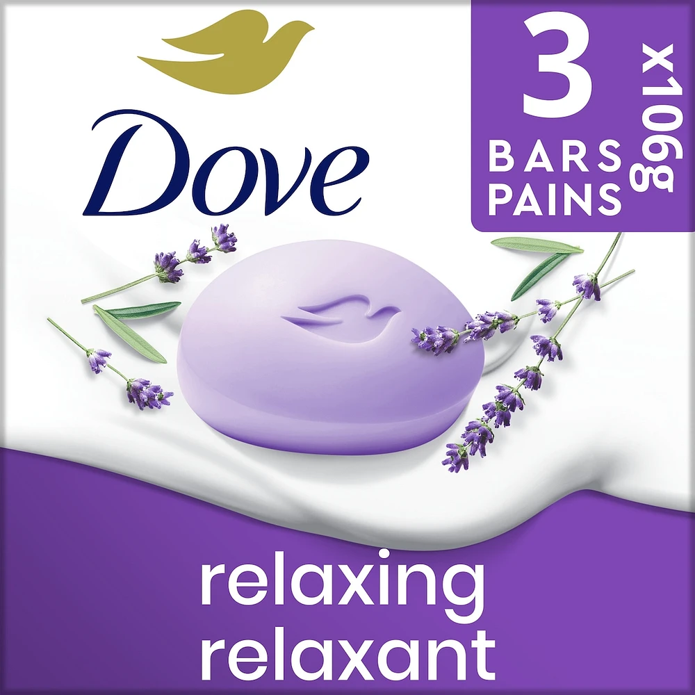Pain de Beauté Relaxant pour peau sèche Dove Lavande avec 1/4 de crème hydratante 106 g Lot de 3