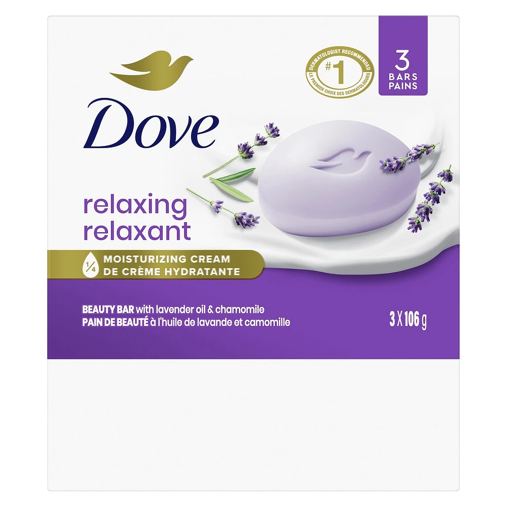 Pain de Beauté Relaxant pour peau sèche Dove Lavande avec 1/4 de crème hydratante 106 g Lot de 3