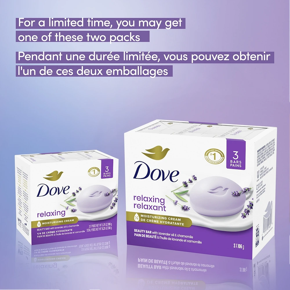 Pain de Beauté Relaxant pour peau sèche Dove Lavande avec 1/4 de crème hydratante 106 g Lot de 3