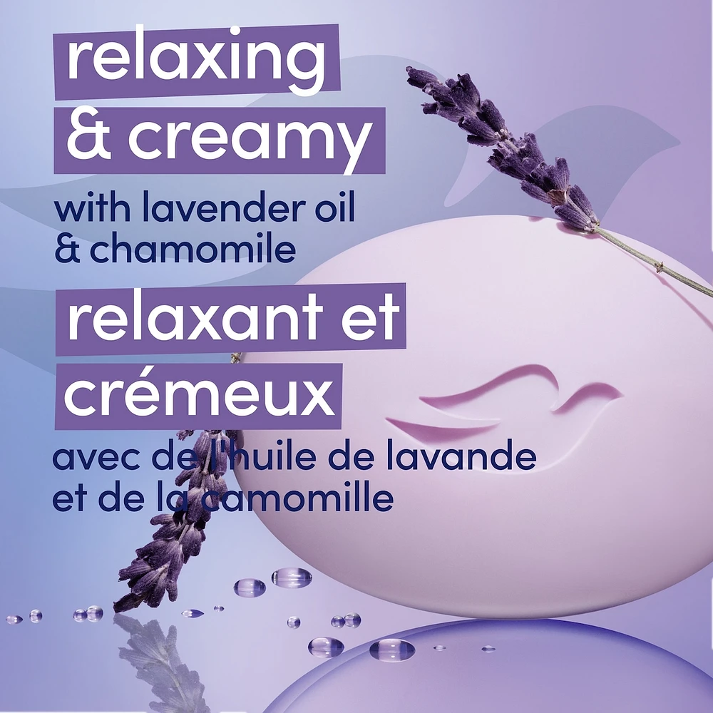 Pain de Beauté Relaxant pour peau sèche Dove Lavande avec 1/4 de crème hydratante 106 g Lot de 3