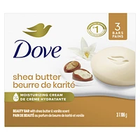 Pain de Beauté Pur Bien-Être pour une peau saine Dove Beurre de Karité & Vanille Chaude avec 1/4 de crème hydratante 106 g x 3