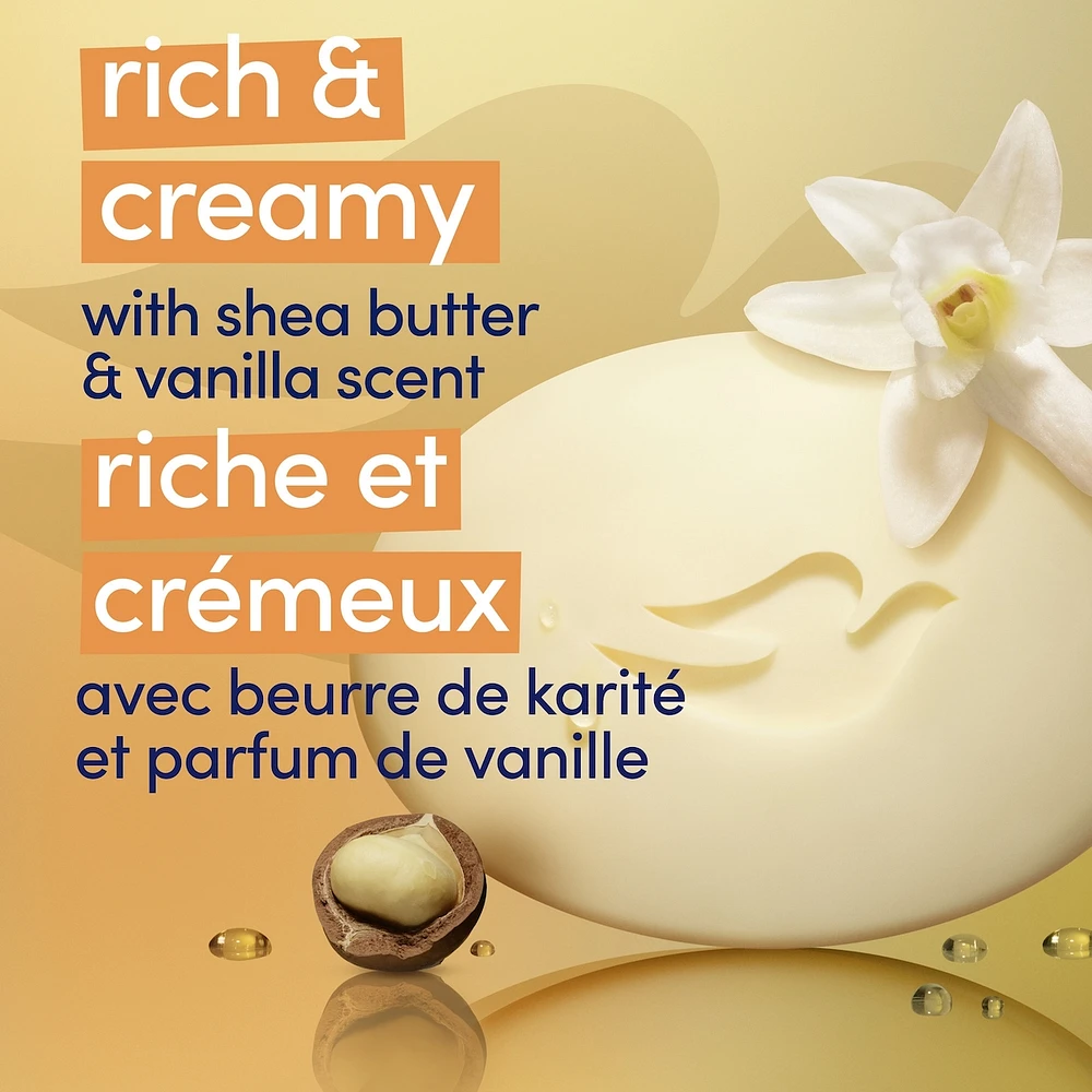 Pain de Beauté Pur Bien-Être pour une peau saine Dove Beurre de Karité & Vanille Chaude avec 1/4 de crème hydratante 106 g x 3