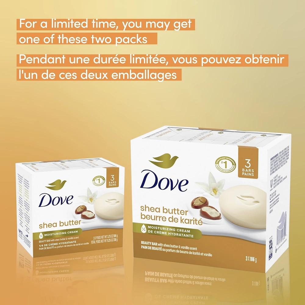 Pain de Beauté Pur Bien-Être pour une peau saine Dove Beurre de Karité & Vanille Chaude avec 1/4 de crème hydratante 106 g x 3