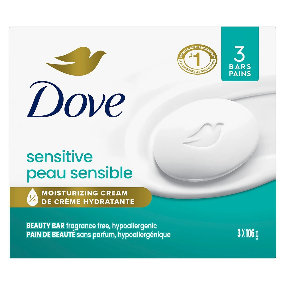 Pain de beauté pour le soin de peaux sensibles Dove Peau Sensible avec 1/4 de crème hydratante 106 g x 3