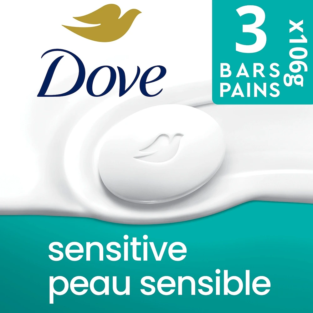 Pain de beauté pour le soin de peaux sensibles Dove Peau Sensible avec 1/4 de crème hydratante 106 g x 3