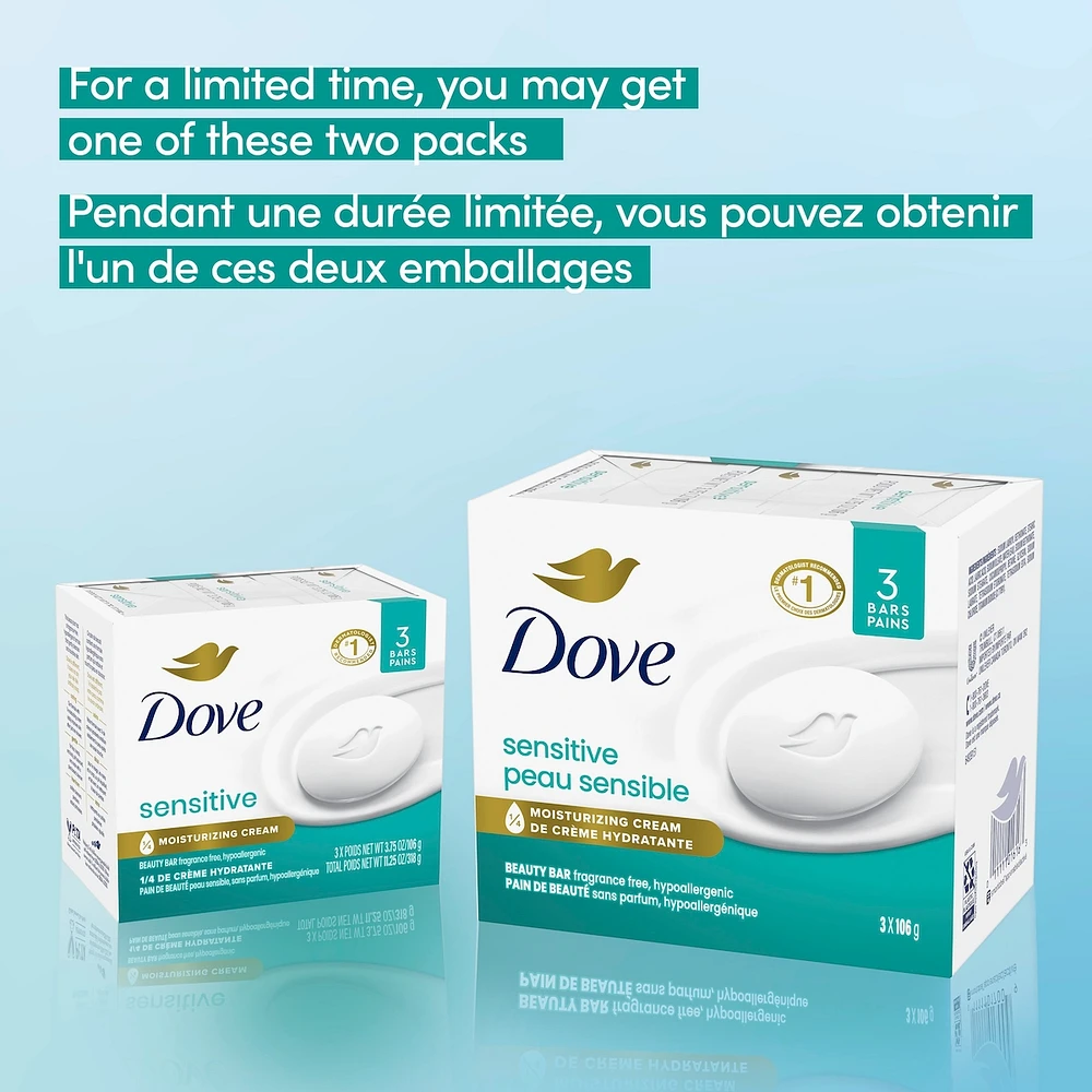 Pain de beauté pour le soin de peaux sensibles Dove Peau Sensible avec 1/4 de crème hydratante 106 g x 3