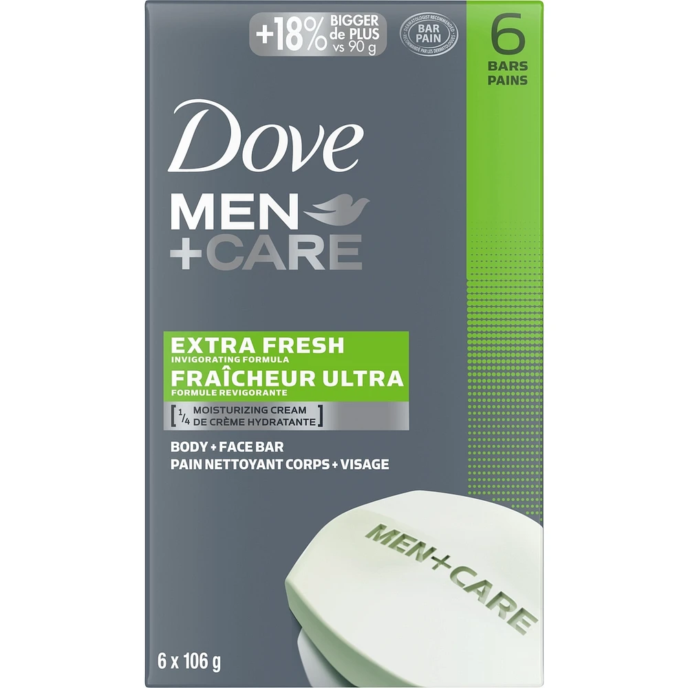 Dove Men+Care Body and Face Bar for Refreshed Skin Extra Fresh ¼ Moisturizing Cream 106 g 6 count