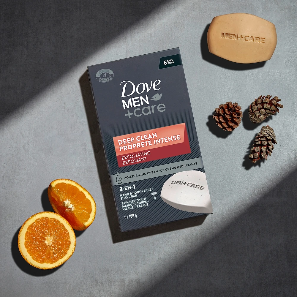 Dove Men+Care Deep Clean Hand & Body & Face & Exfoliation Bar Soap with purifying grains for healthy-looking and strong skin with ¼ moisturizing cream 106 g Pack of 6
