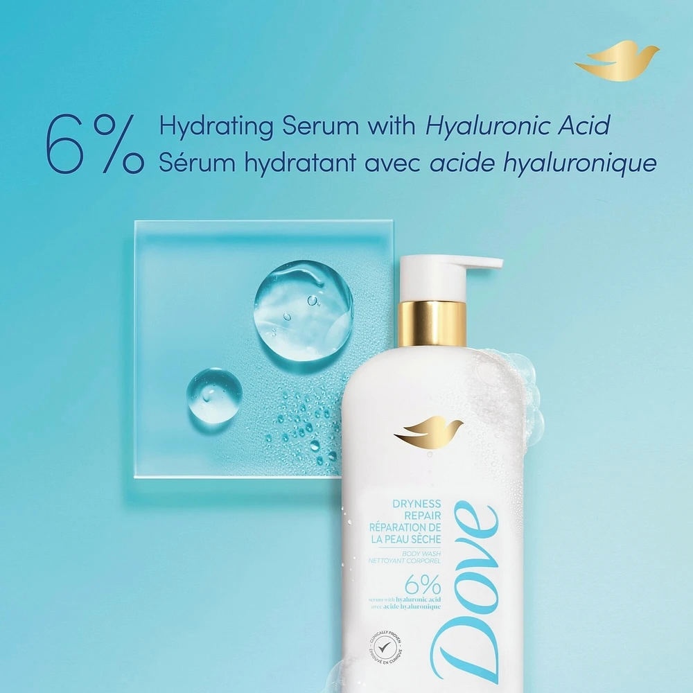 Body Wash Actively drenches dry skin Dryness Repair 6% hydration serum with hyaluronic acid