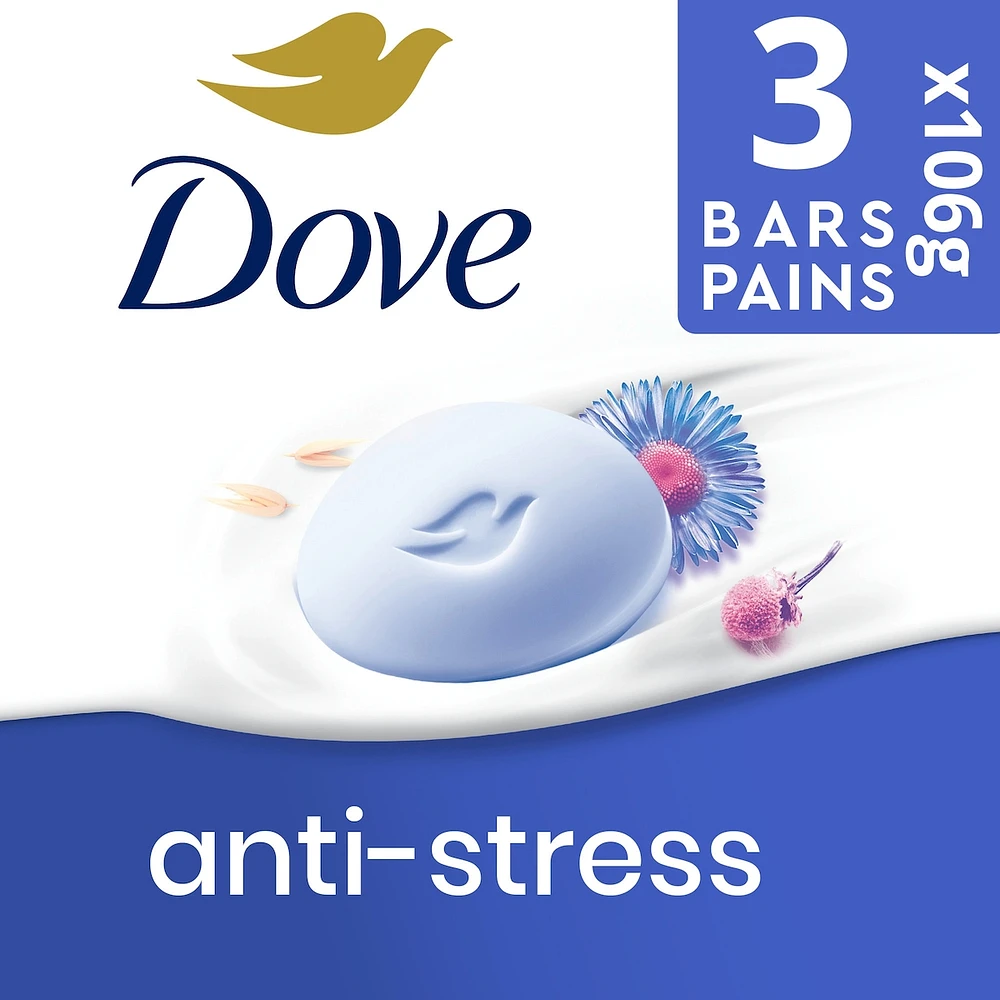 Pain de Beauté Nettoyant Doux hydrate pour calmer la peau Dove  pain crémeux anti-stress pain de savon doux avec 1/4 de crème hydratante 3 unités
