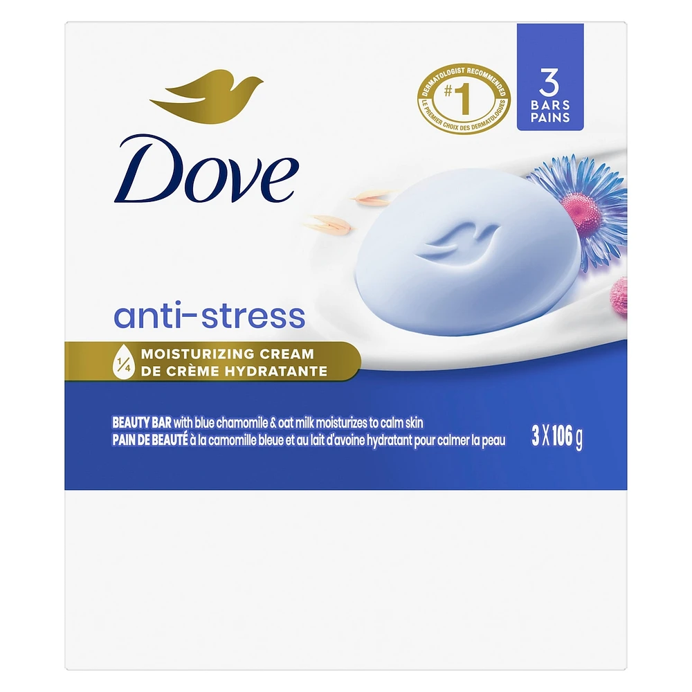 Pain de Beauté Nettoyant Doux hydrate pour calmer la peau Dove  pain crémeux anti-stress pain de savon doux avec 1/4 de crème hydratante 3 unités